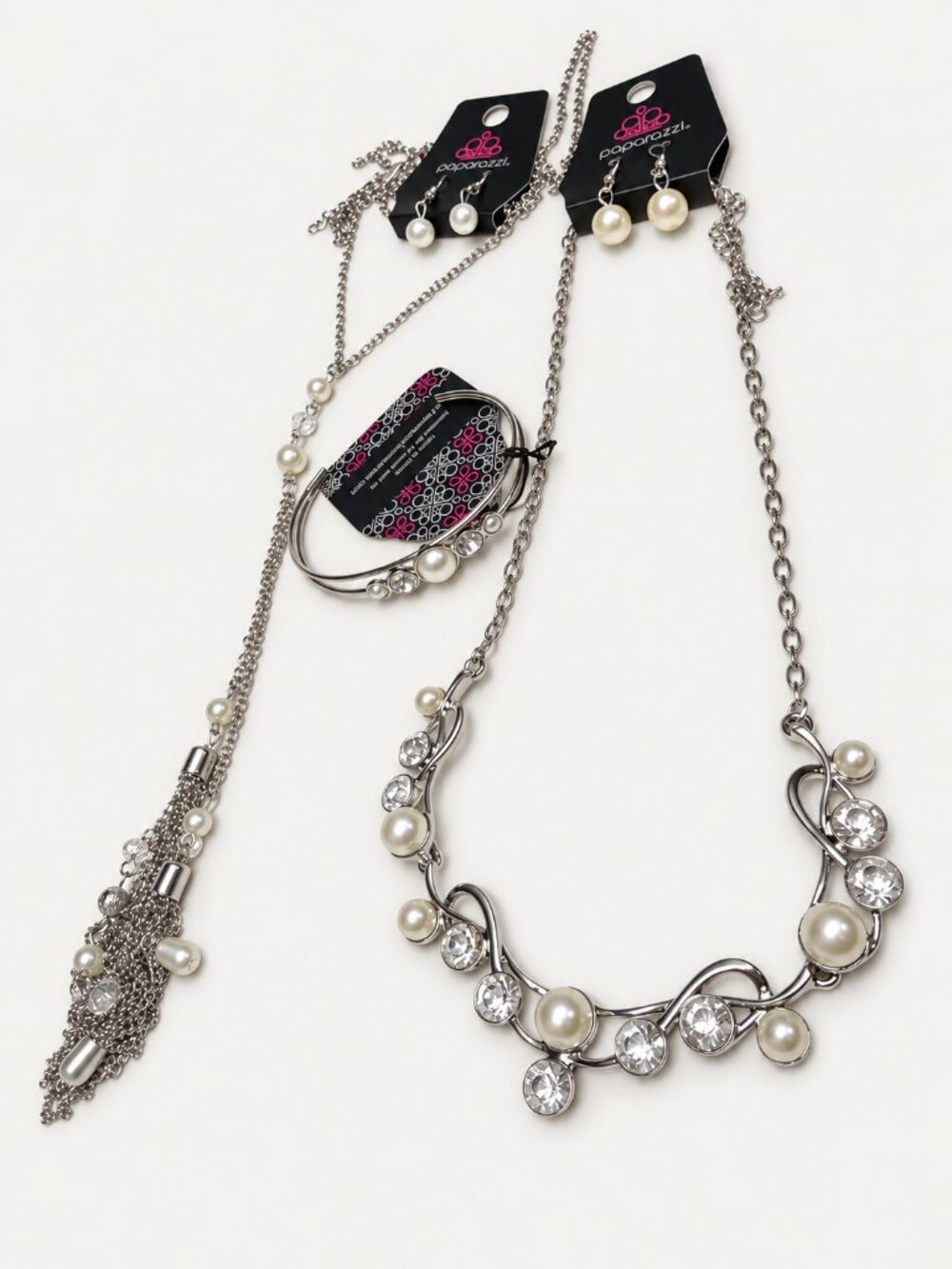 Paparazzi Pearl Look Silver Tone Bundle 2 Necklace Sets Halo Earrings Cuff